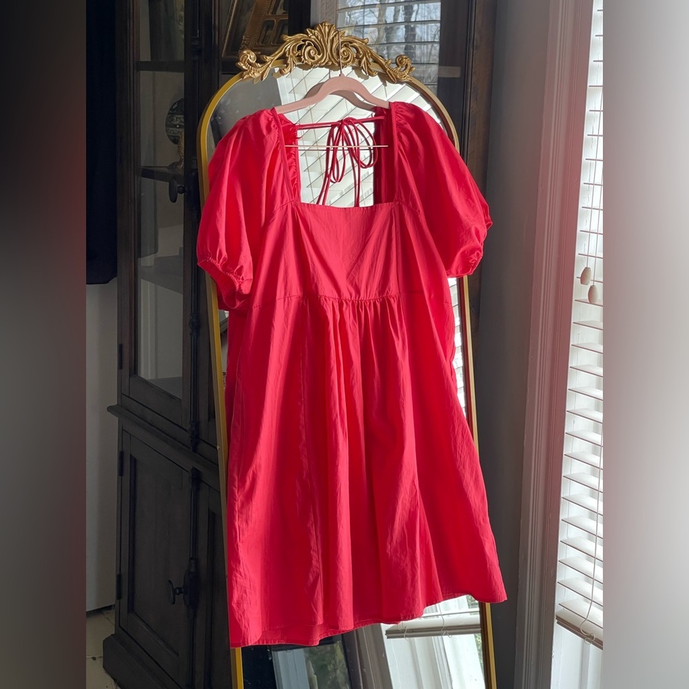 DRAPER JAMES 100% Cotton Coral Red Pink Puff Sleeved Mini Dress